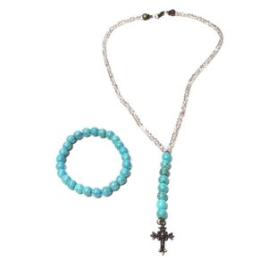 VINTAGE TURQUOISE QUARTZ BEADED BRASS CROSS PENDANT 18"NECKLACE STRETCH BRACELET